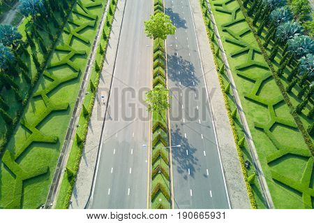 Aerial view of beautiful road at Royal Park Rajapruek with beautiful green garden Chiang Mai Thailand.