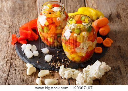 Italian Giardiniera Salad Of Pickled Vegetables Close-up. Horizontal