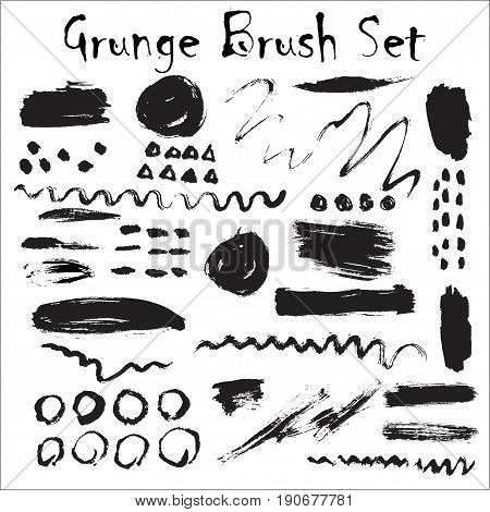 Set of black paint, ink brush strokes. Dirty artistic design elements, boxes, frames, backgrounds, textures. Vector