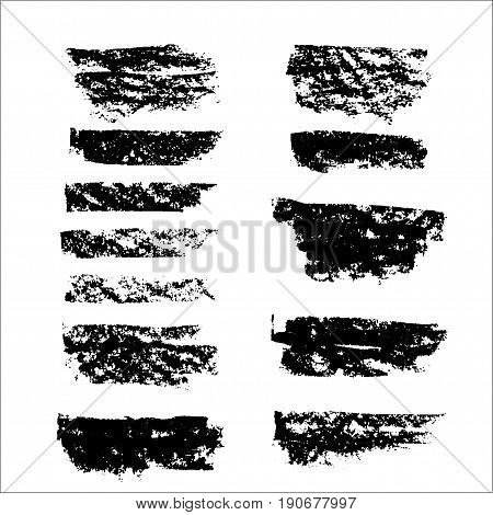 Set of black paint, ink brush strokes. Dirty artistic design elements, boxes, frames, backgrounds, textures. Vector