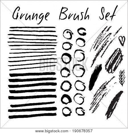 Set of black paint, ink brush strokes. Dirty artistic design elements, boxes, frames, backgrounds, textures. Vector