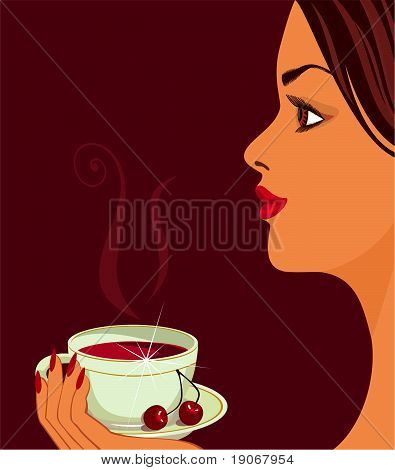 Dívka s višňový čaj.