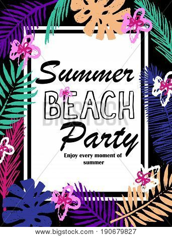 A tropical card with palm leaves and exotic flowers. Summer jungle design  is ideal for flyers, postcards, labels and unique designs. Vector