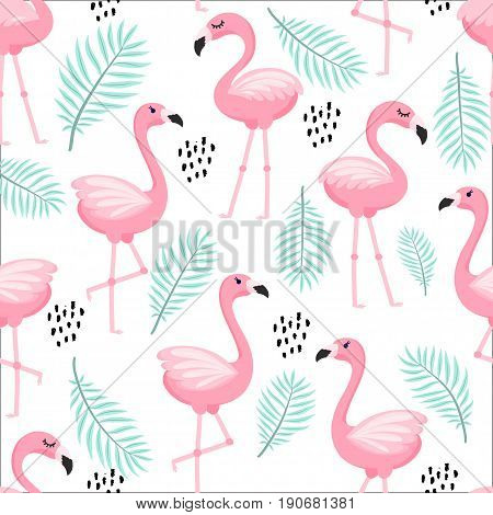 Tropical trendy seamless pattern with pink flamingos and mint green palm leaves. Exotic Hawaii art background. Design for fabric and decor.