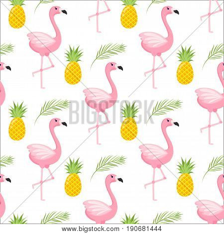 Tropical trendy seamless pattern with pink flamingos and mint green palm leaves. Exotic Hawaii art background. Design for fabric and decor.