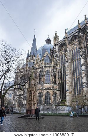 AACHEN GERMANY - FEBRUARY 20 2016: Aachen cathedral is the oldest Roman Catholic church in northern Europe Aachen Germany