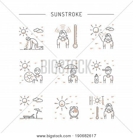 Vector icons on the theme of solar impact and protection measures during exposure to the sun in hot weather. Icons sunstrocke in outline style.