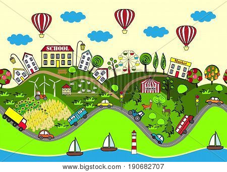 Cute seamless pattern with houses sea roads forest wing turbines gardens cars and attraction. Design for mats, games and other kids development