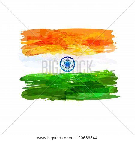 Indian hand drawn watercolor flag. Creative watercolor background in national flag tricolors. India Independence Day. Template for cover design, advertising, banner, greeting card, brochure, flyer