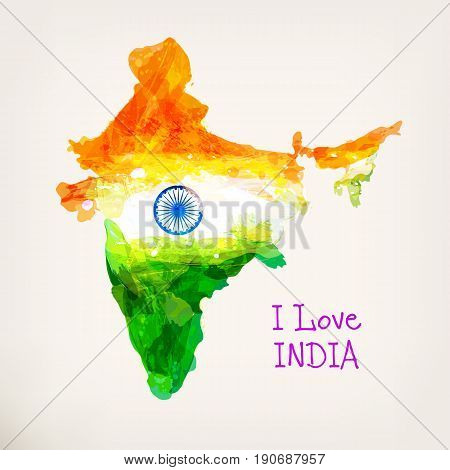 Indian hand drawn watercolor map. Watercolor background in national tricolors. India Independence Day. I love India. Template for cover design, greeting card, flyer. Vector illustration