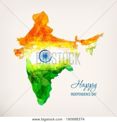 Happy Independence Day. Indian hand drawn watercolor map. Watercolor background in national tricolor. Template for cover design, greeting card, invitation, brochure, banner, flyer. Vector illustration