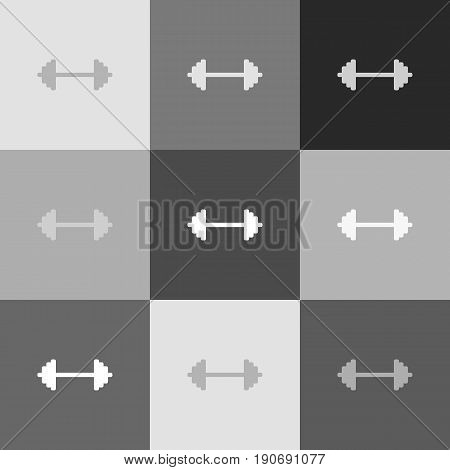 Dumbbell weights sign. Vector. Grayscale version of Popart-style icon.