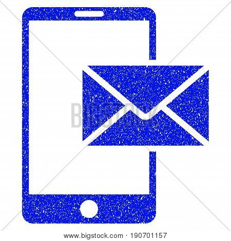 Grunge Mobile Mail icon with grunge design and scratched texture. Unclean vector blue pictogram for rubber seal stamp imitations and watermarks. Draft sign symbol.