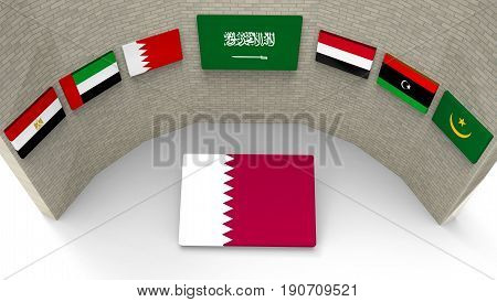 3d rendering of some country of middle east flags on the wall with qatar country flag on the floor. as Saudi Arabia Egypt Bahrain the UAE Yemen eastern Libya and Mauritanie have a wall to banned or boycott Qatar concept.