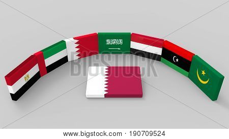 3d rendering of some country of middle east flags with qatar country flag on the floor. as Saudi Arabia Egypt Bahrain the UAE Yemen eastern Libya and Mauritanie have to banned or boycott Qatar concept.
