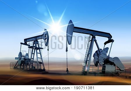 Working oil pumps in desert place of Middle East
