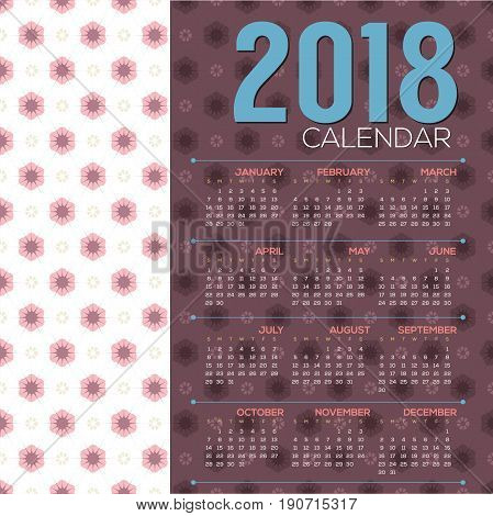 2018 Printable Calendar Starts Sunday Vector Illustration. EPS 10