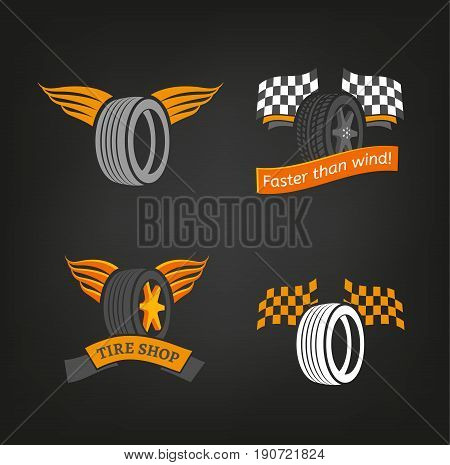Car tire icons set in dark grey, white and orange colours useful for icon and logotype design on a dark background. Vector illustration in a modern graphic style. Digital pictogram collection.