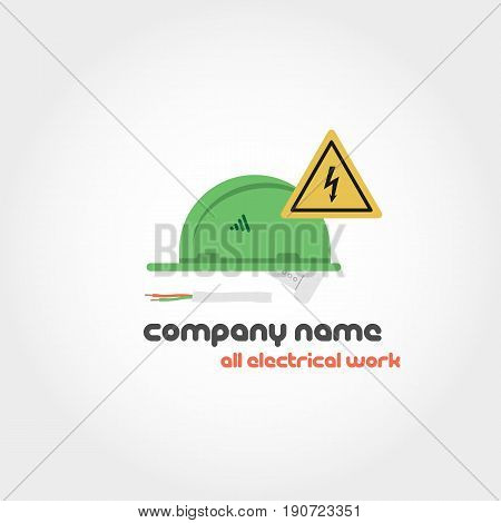 Vector isolated illustration of electrician helmet, a piece of wire and a yellow warning sign of attention with text for company name and slogan. Can be used for logo
