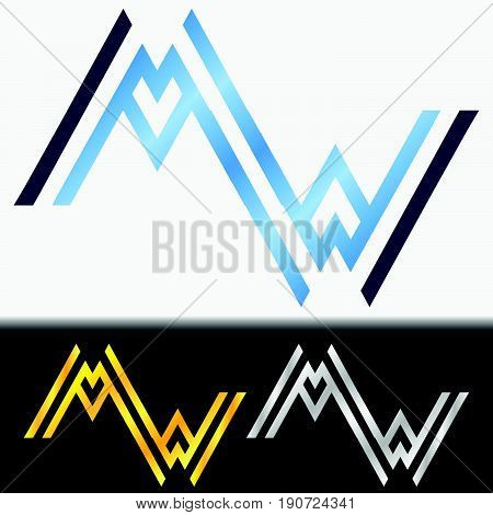 Initial letter WW premium blue metallic rotated lowercase logo template in white background, and custom preview in gold and silver color
