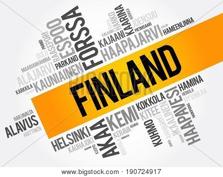 List Of Cities And Towns In Finland, Word Cloud Collage, Business And Travel Concept Background