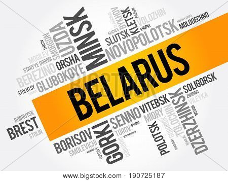List Of Cities And Towns In Belarus, Word Cloud Collage, Business And Travel Concept Background