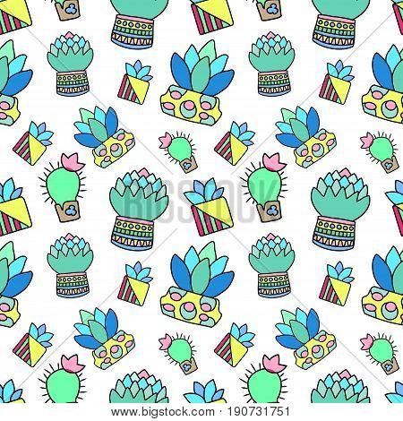 Doodle cactus and succulent raster seamless pattern with white background. Colorful potted plants pattern tile. Cacti flowerpot pattern for textile or wrapping paper. Succulent houseplant texture