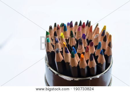 Close up of full colored pencil container