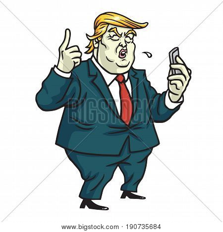 Donald Trump with His Mobile Phone Feeds Update. Cartoon Vector. June 12, 2017