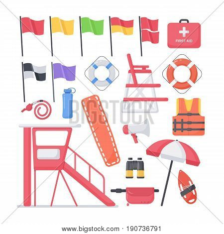 Lifeguard equipment flat vector icons set big set of design beach safety objects isolated on the white background vector illustration