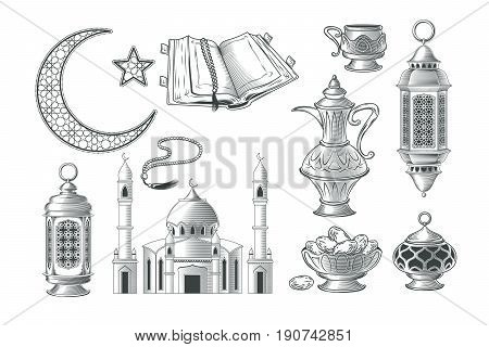 Set of vector muslim illustrations, icons for prayer and ramadan kareem in the style of engraving. Print, template, design element