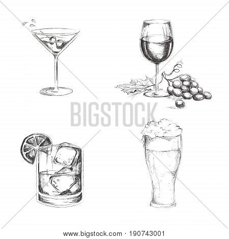 Hand drawn alchogol. Martini whiskey wine beer isolated