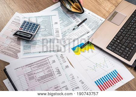 Tax Form, Money, Business Chart, Laptop And Calculator