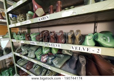 MOSCOW, RUSSIA - FEBRUARY 21, 2017: Moscow shoe factory JSC RALF RINGER. Shoe lasts on a shelf
