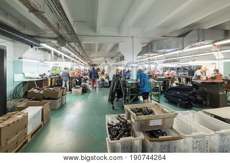MOSCOW, RUSSIA - FEBRUARY 21, 2017: Moscow shoe factory JSC RALF RINGER. Shop processing of leather blanks.