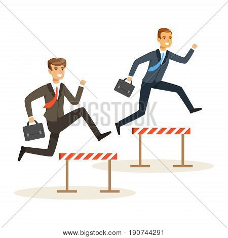 Two businessmen racing over hurdle obstacles, business competition vector Illustration isolated on a white background