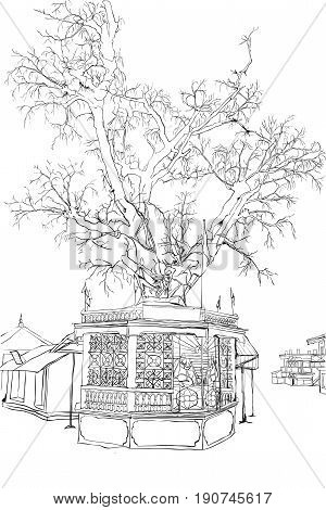 Gokarna village India. Vector artistic drawing. Travel sketch. Travel postcard poster or coloring book page with Gokarna India hand lettering