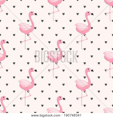 Tropical trendy seamless pattern with pink flamingos and mint green palm leaves. Exotic Hawaii art background. Design for fabric and decor.