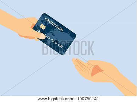 Hand giving a credit card to other hand. Illustration about quickly payment.