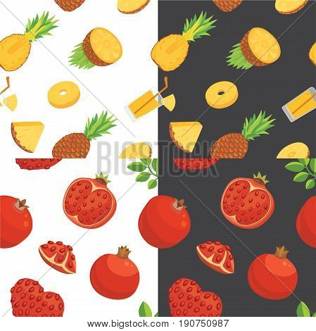 Fresh pomegranates and pineaples hand drawn background. Doodle wallpaper vector.