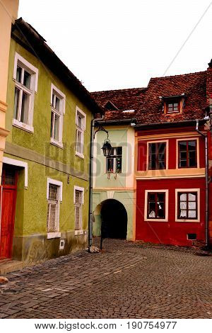 Urban Landscape In The Downtown Of The Medieval City Sighisoara, Transylvania