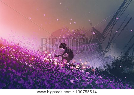the robot sitting on purple field playing with glowing butterflies digital art style, illustration painting