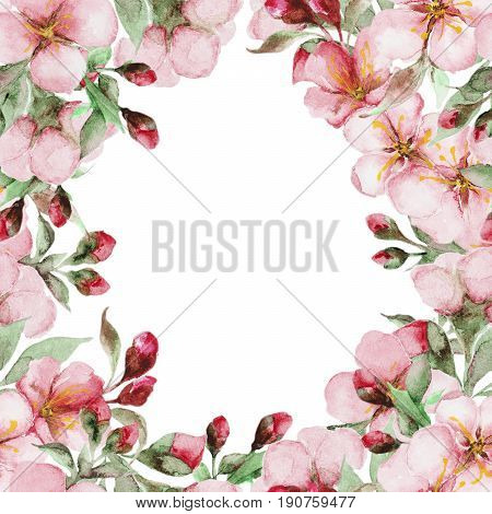 Watercolor sakura flowers template card on white background. Watercolor blooming floral frame. Perfect for wedding or greeting card.