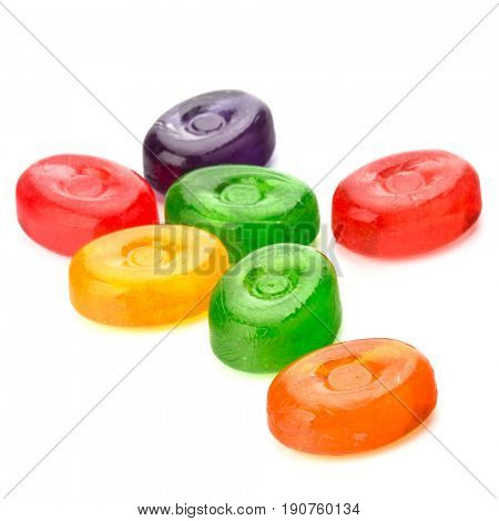 colorful fruit hard sugar candies,  boiled sweeties or sugar plums isolated on white background cutout