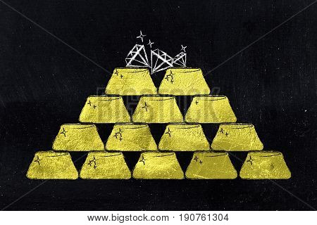 Pile Of Gold Ingots And A Few Diamonds On Top