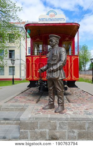 VITEBSK BELARUS - MAY 21 2017: Monument to first Vitebsk tram and monument to conductor Belarus