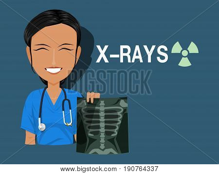 A medical staff is holding the X rays film on blue background