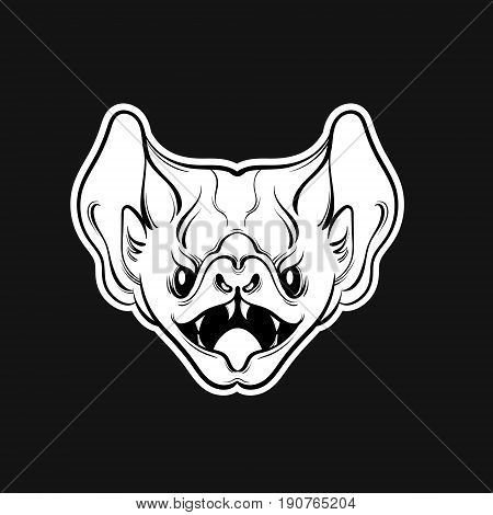 Vector illustration of angry bat with fangs in hand drawn line style. Template for card poster banner print for t-shirt.