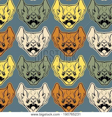 Colorful vector pattern with illustration of angry bat with fangs in hand drawn line style isolated. Template for card poster banner print for t-shirt.
