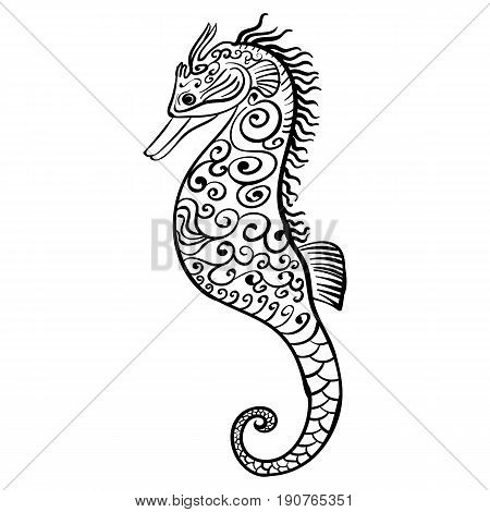 Stylized tattoo sketch black and white icon of a seahorse on white background